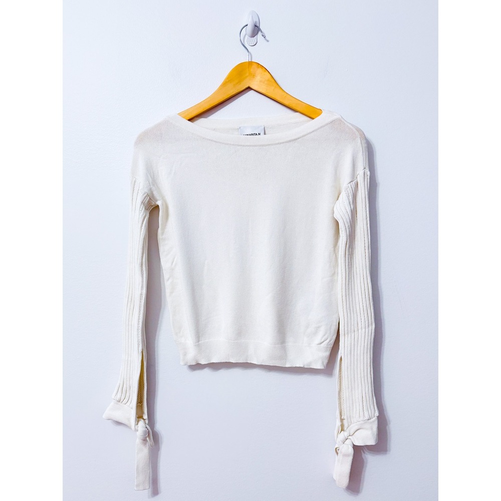 ANNARITA N White Knit Sweater Boat Neck Ribbed Sleeves Tie Cuffs Small